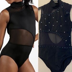 WEISSMAN Dance Costume black mesh cut out rhinestone Leotard MT11612 MC 10/12